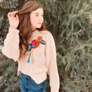 Beige Knit Sweater with Colorful Floral Design